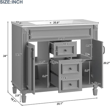 36" Bathroom Vanity with Sink Combo, Floor Standing Vanities Storage Cabinet Set W/2 Soft Closing Doors and 2 Drawer
