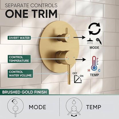 Hoimpro Brushed Gold Rain Shower Head Shower Faucet System Fixture Set | 10 Inch Round Rain Shower Head with Handheld Combo 2 in 1 Sprayer Shower Valve with Trim Kit Wall Mounted Rainfall Showerhead
