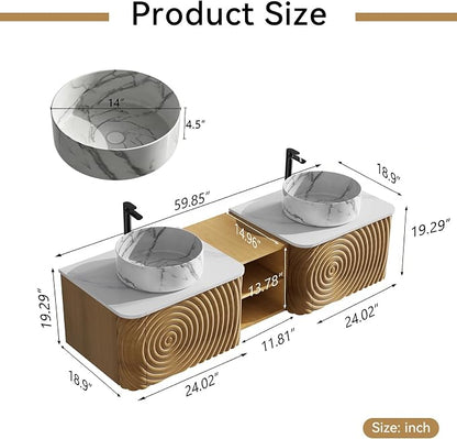 60" Floating Bathroom Vanity with Double Sink, Mid-Century Wall Mounted Bathroom Vanity Cabinet with Wood Waved Decor, Marble Ceramic Basin, Sintered Stone Top, Soft Close Drawer, Side Open Cube