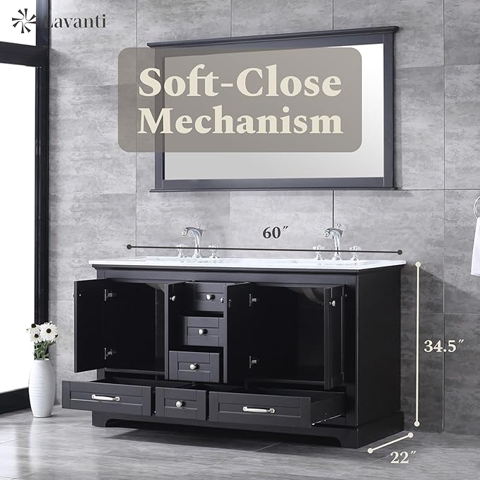 Lavanti Dumiat 60 Inch Bathroom Vanity with Sink – Stylish Espresso Vanity Bathroom with Storage Cabinet – Modern Bathroom Vanities with Double Vanity Sink & Carrara Marble Countertop