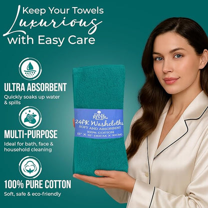 DAN RIVER 24 Pack Cotton Wash Cloths Set for Showering [12x12] Teal | Lighter Weight, Quick to Dry, Super Soft & Absorbent Face Towels, Hotel Quality, Perfect for Bathroom, Gym, Spa