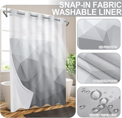 No Hook Shower Curtain with Snap in Liner Set, Light Grey, 71x74 | Waterproof Fabric for Bathroom, Modern Hotel Style Ombre Design, Mesh Top Window, Machine Washable, Quick Install