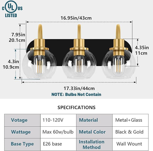 Modern 3-Light Vanity Light, Bathroom Lighting Fixture Over Mirror With Clear Glass Shade and Metal Base, Wall Sconces in Matte Black and Gold