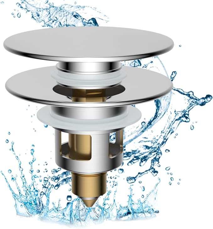 Hibbent All Metal 2 in 1 Bathroom Sink Stopper, Universal Pop Up Drain Strainer, Brass Bullet Core Push Type Sink Stopper for 1.1''~2.3'' Basin, Big Push Button, Anti Clogging Drain Filter, Chrome