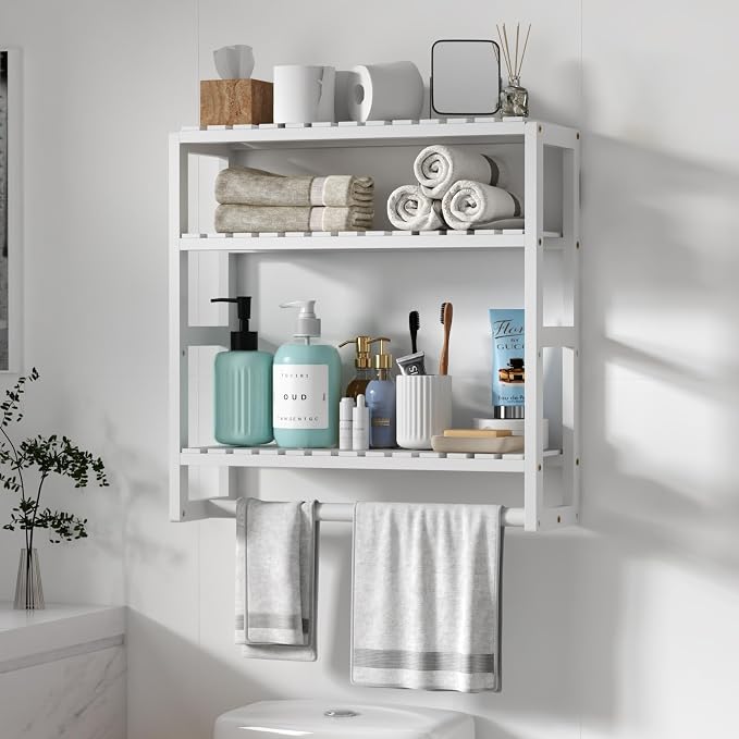 Galood Over The Toilet Storage Bathroom Shelves Wall Mounted 3 Tier White | Space Saver Corner Shelf Organizer Bamboo Towel Rack Toilet Paper Cabinet with Hanging Rod