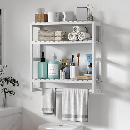 Galood Over The Toilet Storage Bathroom Shelves Wall Mounted 3 Tier White | Space Saver Corner Shelf Organizer Bamboo Towel Rack Toilet Paper Cabinet with Hanging Rod