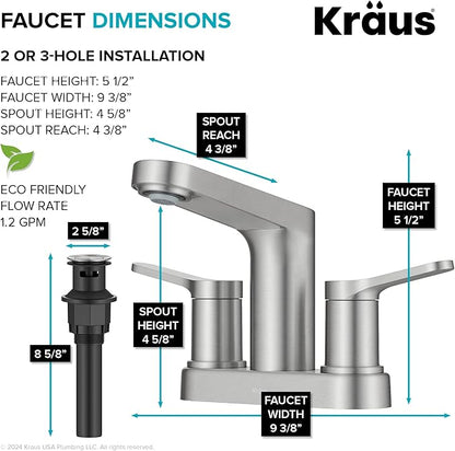KRAUS Indy Centerset Bathroom Faucet in Spot-Free Brushed Nickel with 2 Handles, Pop Up Drain and Supply Lines, FUS-14102SFBN