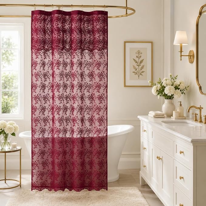 YJ YANJUN Burgundy Lace Stall Shower Curtain 36 x 72 Inch, Vintage Floral | Victorian Narrow Shower Curtain with Attached Valance, Sheer Privacy for RV, Apartment, Guest and Small Bathroom Décor 1Panel