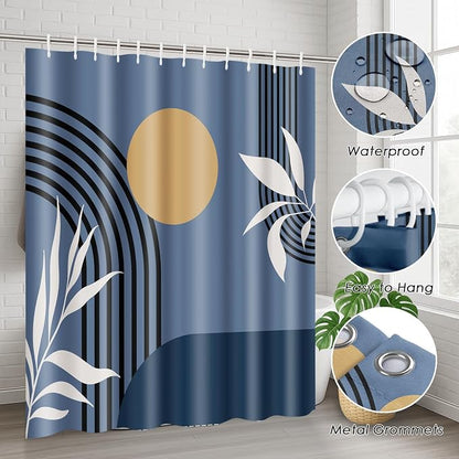 Bathroom Sets with Shower Curtain and Rugs, 4 Pcs, Boho Modern | Geometric Abstract Mid Century Bathroom Decor Set with Toilet Lid Cover, Non-Slip Bath Mats and Accessories 12 Hooks