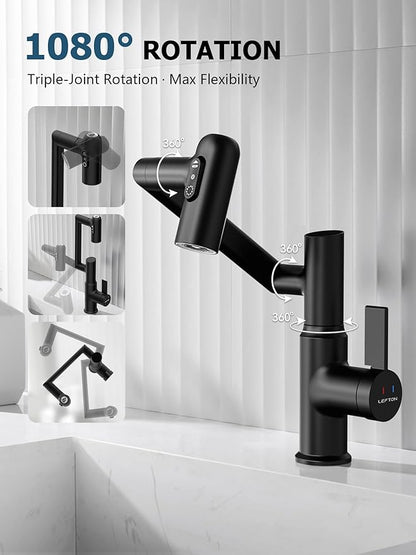 Lefton Rotatable Bathroom Faucet with Temperature Display in Fahrenheit (Batteries-Free), 3 Water Outlet Modes, Matte Black, BF2204-3