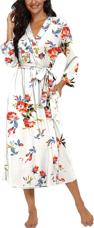 VINTATRE Women Kimono Robes Long Knit Bathrobe Lightweight Soft Knit Sleepwear V-neck Casual Ladies Loungewear