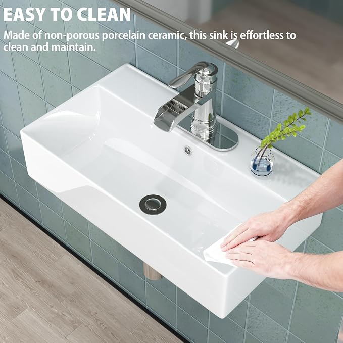 21"x12" White Ceramic Wall Mount Floating Bathroom Vessel Sink | Wall Mount Bathroom Sink Rectangle Vanity Vessel Bathroom Sink