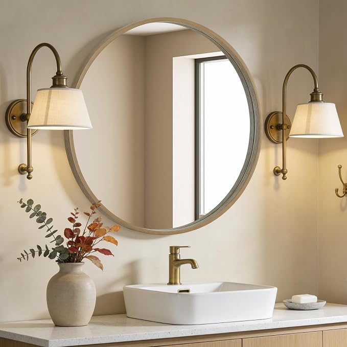 Round Wood Mirror, 36" Round Modern Decoration Large Circle Wall Mirror for Bathroom Living Room Bedroom Entryway, Honey