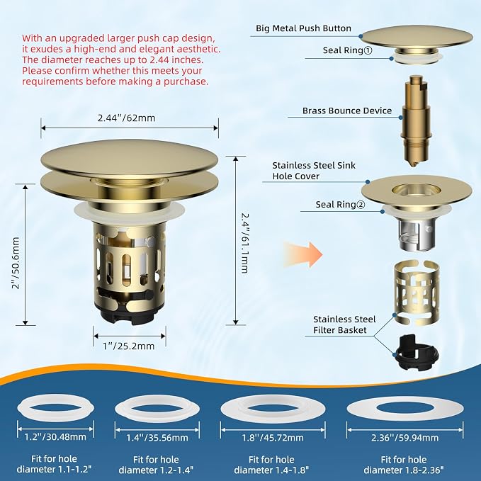 Hibbent 2 Pack Upgraded 3 in 1 Bathroom Sink Drain Strainer, Pop Up Sink Stopper with Big Cap, Anti-Clogging Metal Filter Basket,Sink Plug with Hair Catcher for 1.1''~2.36'' Basin, Brushed Gold