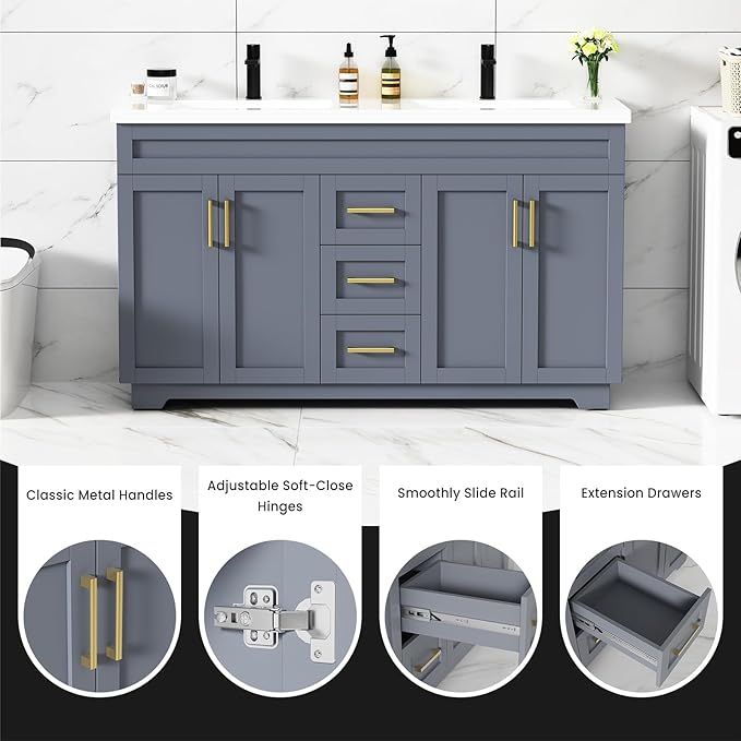60 Inch Bathroom Vanity with Sink,Modern Solid Wood Bathroom Storage Vanity w/Undermount Double Sink, Quick Assemble Cabinet w/Soft Closing Doors & Full Extension Drawers,Grey