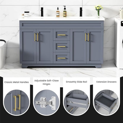 60 Inch Bathroom Vanity with Sink,Modern Solid Wood Bathroom Storage Vanity w/Undermount Double Sink, Quick Assemble Cabinet w/Soft Closing Doors & Full Extension Drawers,Grey