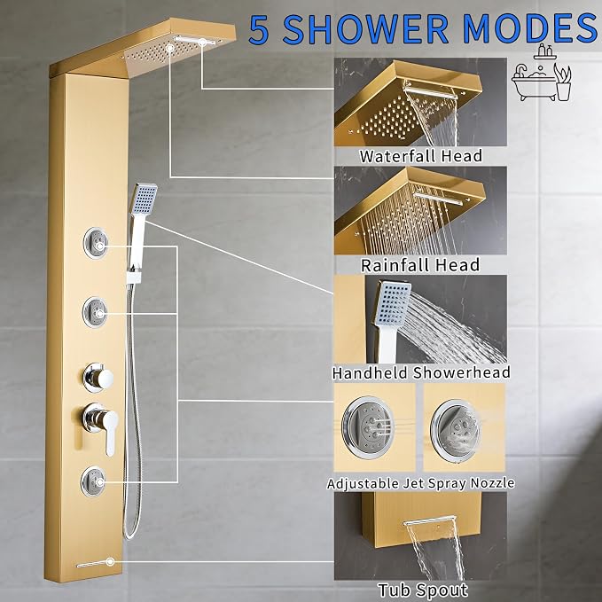 6 in1 Multi-Function Shower Panel Tower System-Brushed Gold | 304 stainless steel Shower Panel Column Tower with Powerful Body Massage, Rainfall, Waterfall,Handheld and Tub Spout
