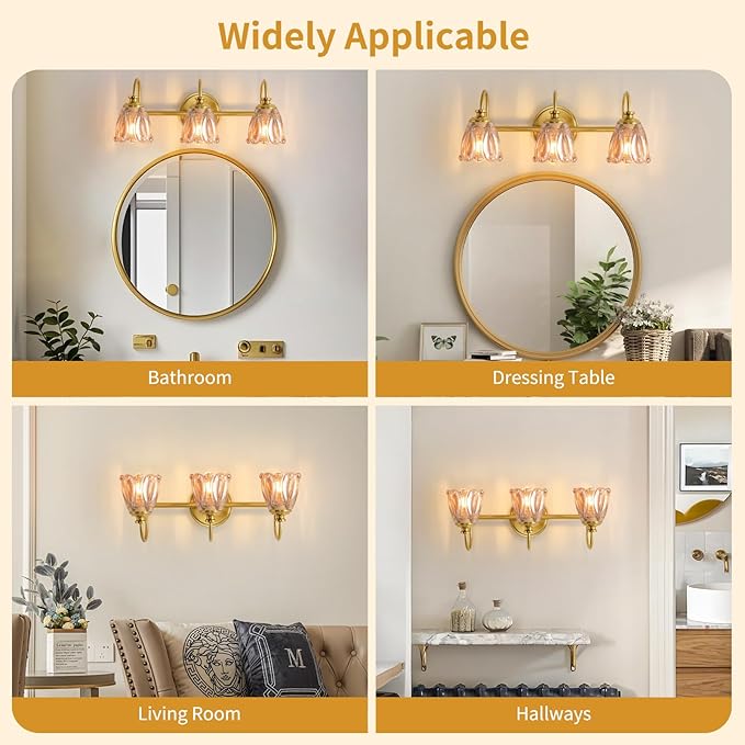 Bathroom Light Fixtures (3-Light), Vintage Brushed Gold Vanity Lights for Bathroom with Amber Tulip Crystal Glass Shade, Vanity Wall Light Over Mirror for Bedroom Living Room Hallway