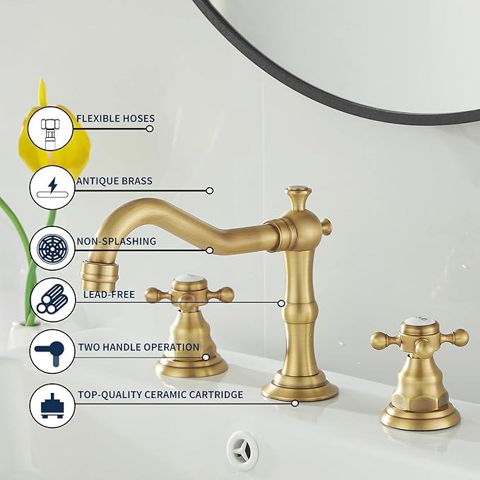 GGStudy 2 Handles 3 Holes Faucet Widespread Bathroom Sink Faucet Antique Brass Basin Tap Mixer Supply Hose Included Matching Metal Pop Up Drain
