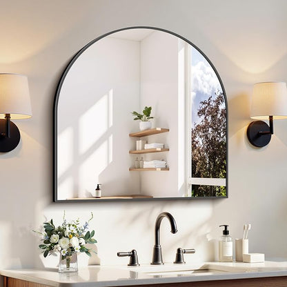 COFENY Arched Mirror, 24’’x24’’ Black Arch Mirrors for Bathroom Sink, Small Bathroom Vanity Mirror with Metal Frame, Modern Wall Mounted Mirror for Bedroom Living Room Mantle Entryway