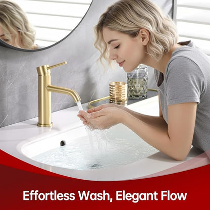 SUMERAIN Bathroom Sink Faucet Brushed Gold Single Handle Single Hole | Lead-Free, Stainless Steel, with Faucet Supply Lines, Easy DIY Install