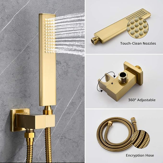 Iriber Brushed Gold Rain Shower System with Waterfall Tub Spout 3 Function Shower Faucet Set Contain 12 Inch Shower Head and Handheld Modern Bathroom Shower Trim Kit (Valve Cartridge Included)