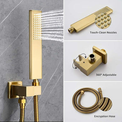 Iriber Brushed Gold Rain Shower System with Waterfall Tub Spout 3 Function Shower Faucet Set Contain 12 Inch Shower Head and Handheld Modern Bathroom Shower Trim Kit (Valve Cartridge Included)