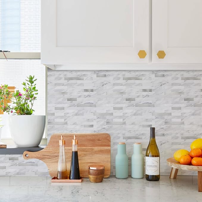 STICKGOO Peel and Stick Backsplash, PVC Wall Tiles Stick on Backsplash for Kitchen(1 Sheet, White Marble with Metal Silver)