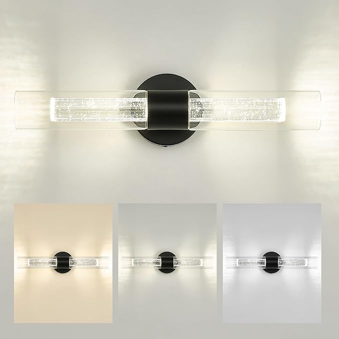 kudos Black LED Vanity Light, Crystal Bubble and Clear Glass, KDVL05-BK-2 | 11W, 1000 Lumens,3000K, 4500K and 6000K Selectable, Hardwired, for Bathroom, Bedroom and Over Mirror