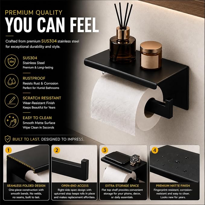 5-Piece Bathroom Hardware Set with 23.6" Double Towel Bar and Toilet Paper Holder Shelf, Wall Mounted Bathroom Accessories, Heavy Duty Stainless Steel Solid Metal, Modern Square Design, Matte Black