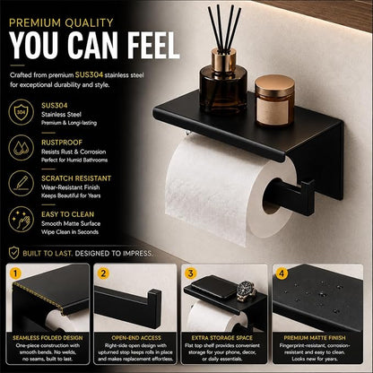 5-Piece Bathroom Hardware Set with 23.6" Double Towel Bar and Toilet Paper Holder Shelf, Wall Mounted Bathroom Accessories, Heavy Duty Stainless Steel Solid Metal, Modern Square Design, Matte Black