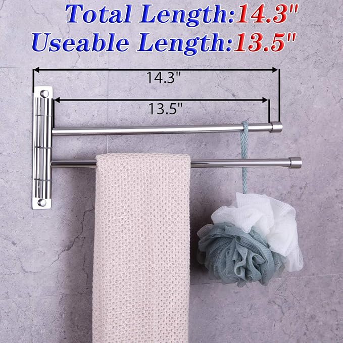 GERZWY Bath Towel Rack Hanger Towel Holder Organizer Bathroom Swing Arm Towel Bars 2-Arm Wall Mount Stainless Steel Polished Finish