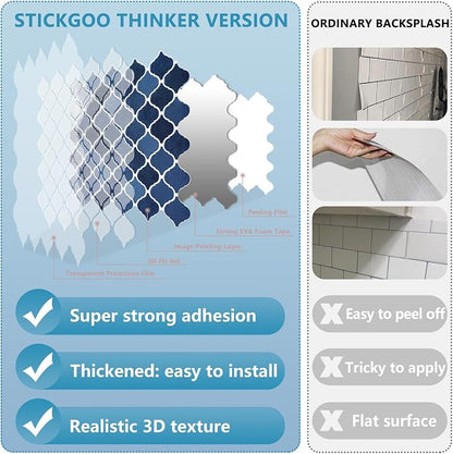 STICKGOO Arabesque Peel and Stick Backsplash, 12”X12” Backsplash Tile for Kitchen Peel and Stick, Self Adhesive Wall Tile Stick on Tiles (Ceramic Blue)