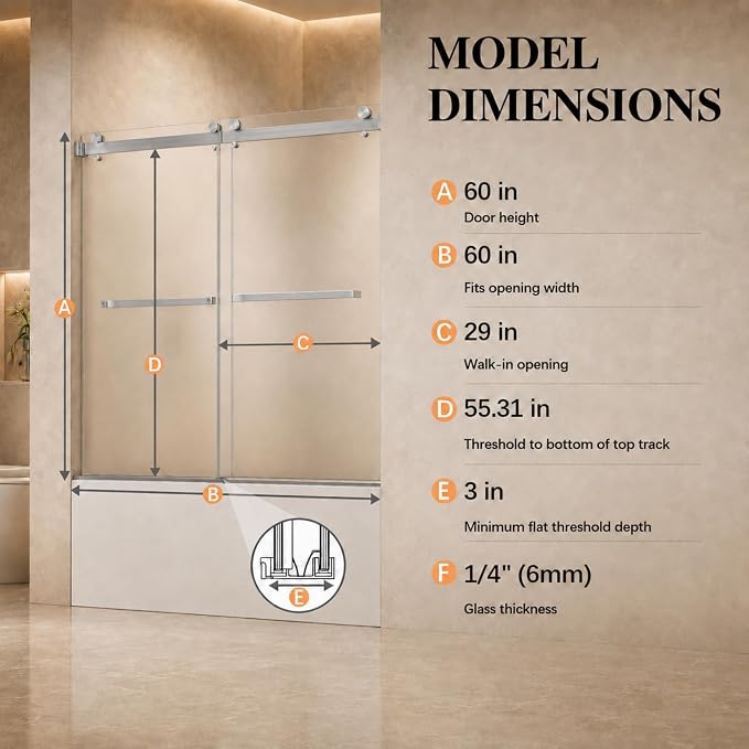 Frosted Sliding Shower Door for Bathtub, 56-60" W x 60" H-1/4” (6mm), Frosted Glass Shower Door with 4" Left Adjustable Width, 304 Stainless Steel Hardware, Bottom Water Seal, Brushed Nickel