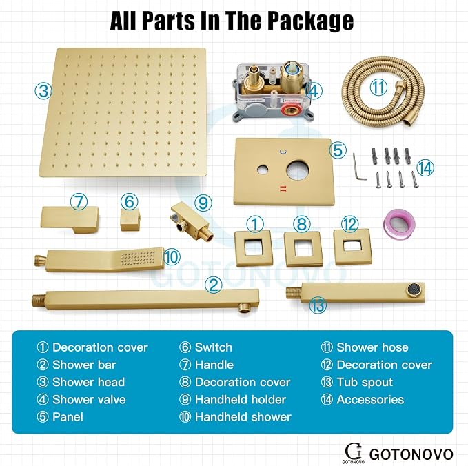gotonovo Bathtub Shower Faucet Set, 10 Inch Shower Head, Brushed Gold | Wall Mounted Shower System with Tub Spout for Bathroom, Square High Pressure Rain Shower head with Handheld Spray, All Metal