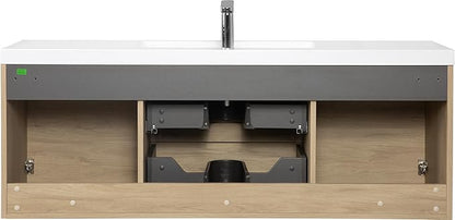 Floating Vanity Bathroom, 60 Inch Bathroom Vanity with Sink, Wall Mounted Single Sink Bathroom Vanity, Soft Closed 2 Drawers, Integrated Sink (Natural Oak)