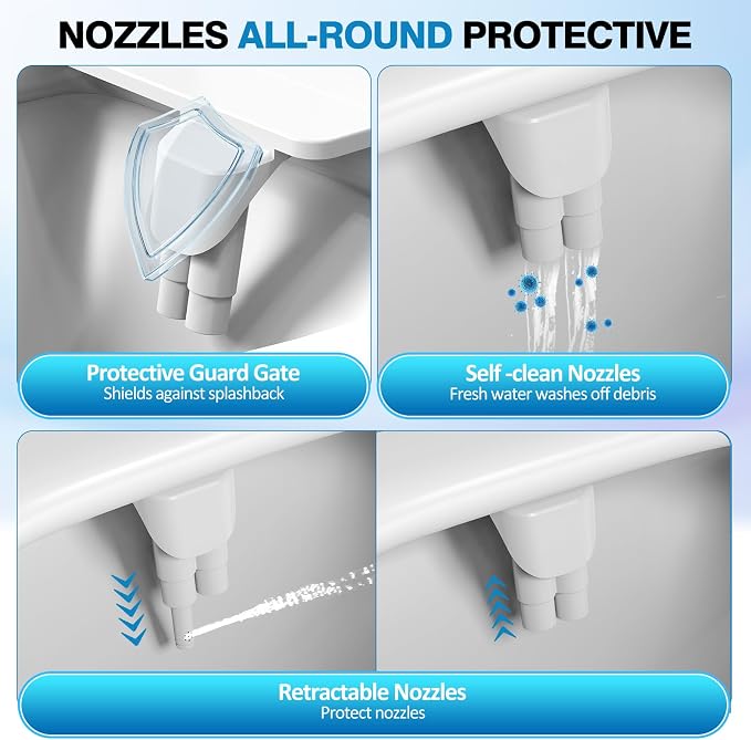 Non-Electric Bidet Attachment, Self-Clean Dual Nozzles, Adjustable Pressure | Ultra Slim Intuitive One-Touch, Retractable Nozzle Structure, Cold Water Rear & Feminine Washing Modes, Stainless Steel Iniet