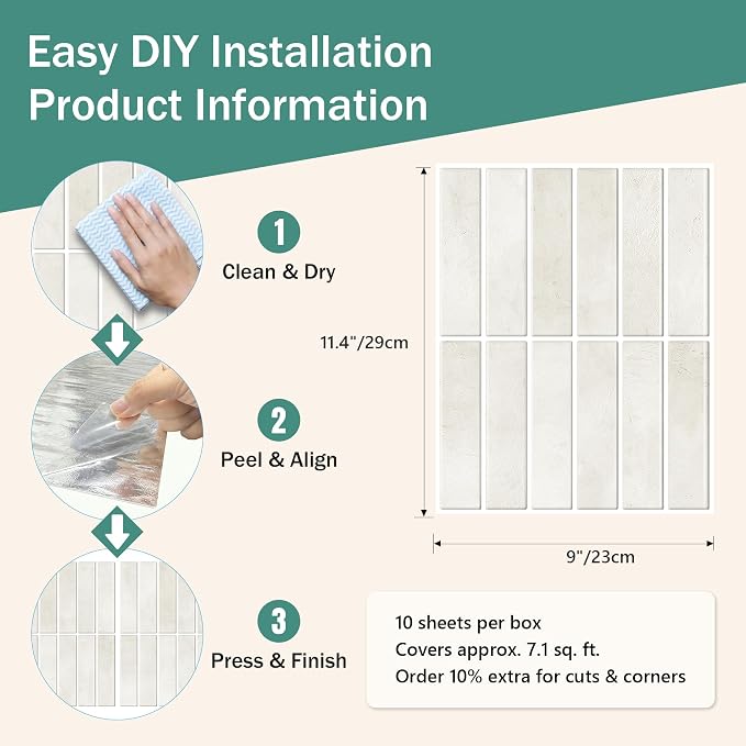 10-Sheet Peel and Stick Backsplash White Stick on Tile, Thick Self-Adhesive Wall Panels for Bathroom Vanity, Coffee Bar & Accent Walls (Light Beige)