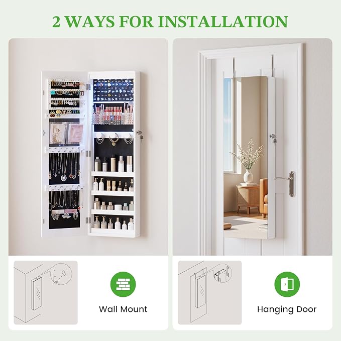 HNEBC Jewelry Cabinet with Lights,Wall Mounted Jewelry Organizer with Full-Length Mirror,Over The Door Hanging Jewelry Armoire Storage Cabinet,Lockable,Gift Idea,White