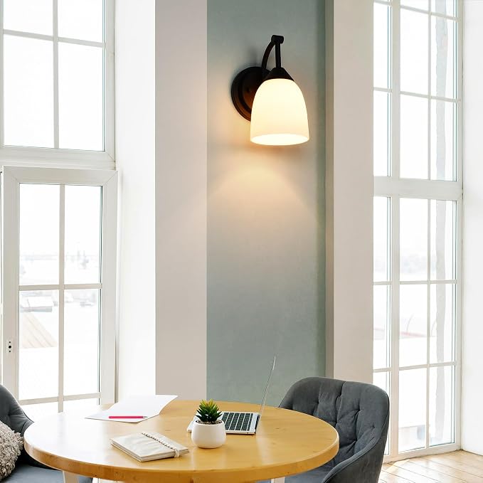 Traditional 1-Light Indoor Black Wall Sconce with Frosted Glass Bathroom Bedroom Hallway, 9.6" H x 5.5" W, Textured Black