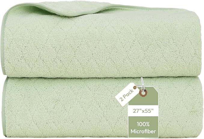 JML Microfiber Bath Towels, 2 Pack, 27x55 in, Light Green | Soft, Super Absorbent, Quick Dry, Lint-Free, Lightweight Bathroom Towel with Hanging Loop for Daily Use