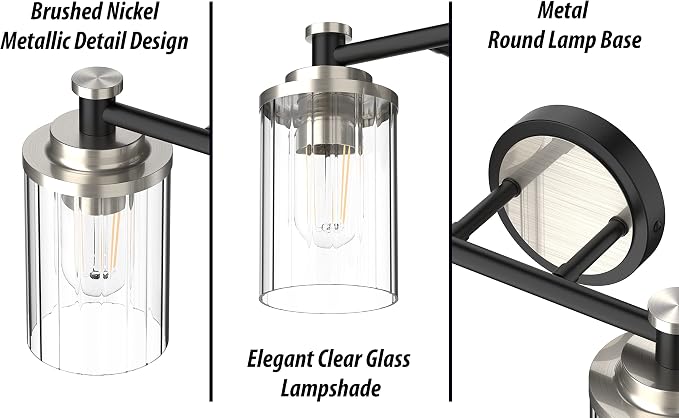 Bathroom Lighting Fixtures Black and Brushed Nickel Bathroom Vanity Light with Cylindrical Clear Stripes Glass Lampshade E26 Socket Base Bathroom Lighting Fixtures Over Mirror (3 Lights)