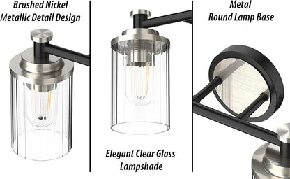 Bathroom Lighting Fixtures Black and Brushed Nickel Bathroom Vanity Light with Cylindrical Clear Stripes Glass Lampshade E26 Socket Base Bathroom Lighting Fixtures Over Mirror (3 Lights)