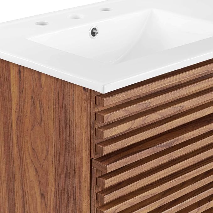 Pemberly Row 48" Modern Wood Double Sink Bathroom Vanity, Walnut/White Finish, MDF and Particleboard Construction, Ceramic Sink Basin, Mid-Century Style, Tapered Legs, Ample Storage for Bathroom Use