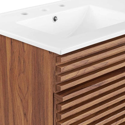 Pemberly Row 48" Modern Wood Double Sink Bathroom Vanity, Walnut/White Finish, MDF and Particleboard Construction, Ceramic Sink Basin, Mid-Century Style, Tapered Legs, Ample Storage for Bathroom Use