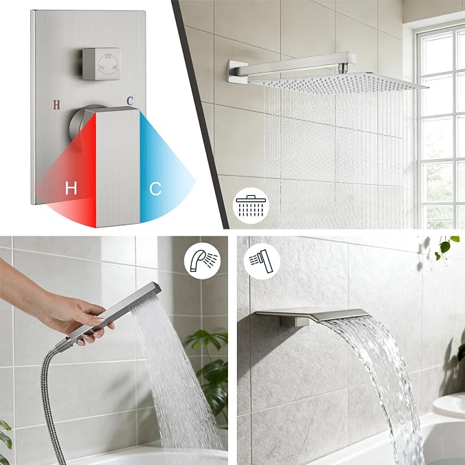 Midanya Shower System with Tub Spout,16 Inch Shower Head,Brushed Nickel | with Valve & Trim Kit,Square Rain Head,Handheld Sprayer,Waterfall Spout,All Metal Wall Mount Bathroom Shower Tub Faucet Set
