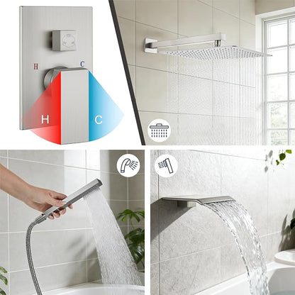 Midanya Shower System with Tub Spout,16 Inch Shower Head,Brushed Nickel | with Valve & Trim Kit,Square Rain Head,Handheld Sprayer,Waterfall Spout,All Metal Wall Mount Bathroom Shower Tub Faucet Set