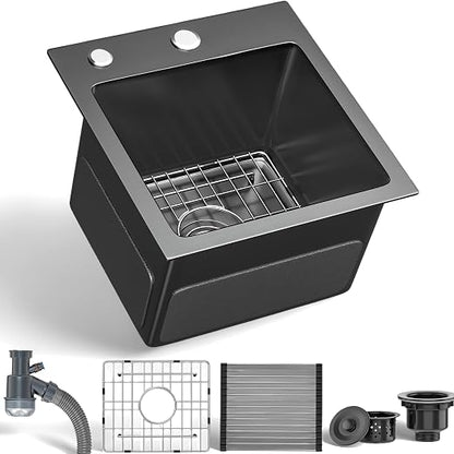 YITAHOME 15in Drop In Small Kitchen Sink, Stainless Steel Nano Gunmetal Black Bar Sink with Grid & Accessories, Single Bowl Workstation Sink 15 x 15 x 10 Inch