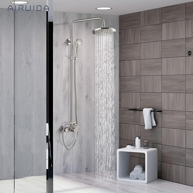 Airuida Exposed Shower System, 8 Inch Rainfall Shower Head with Handheld Spray, Single Handle Wall Mount Shower Faucet Set, Solid Brass Dual Function Exposed Pipe Fixture for Bathroom,Brushed Nickel