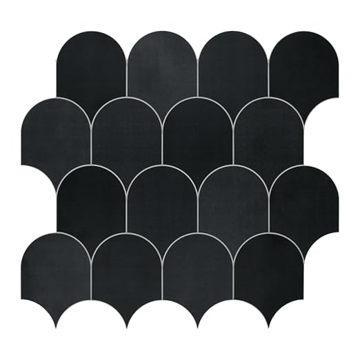 SUNWINGS 10-Sheet Fish Scale Peel and Stick Backsplash Tile, 11.4'' x 10.9" Stone Composite Scallop Handmade Looks Self-Adhesive Wall Tiles for Kitchen Bathroom, Black
